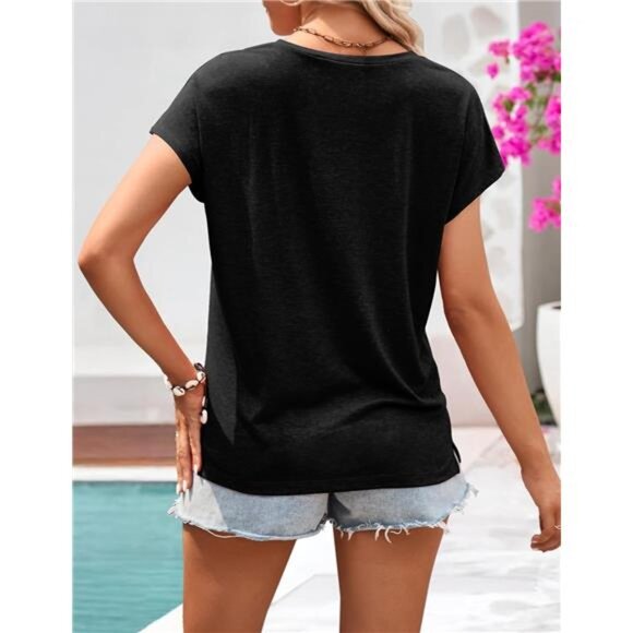 Women's Casual Cap Sleeve Lace Trim V Neck Tops 2025 Summer Loose Tee - Picture 3 of 7